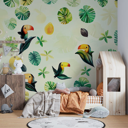 Kids-Mundo toucan leaf pattern wall mural in a kids' bedroom, scattered toucans covering the full wall.