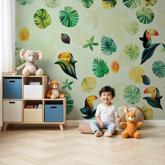 Kids-Mundo tropical toucan leaf pattern wall mural styled in a nursery, soft green and yellow print.