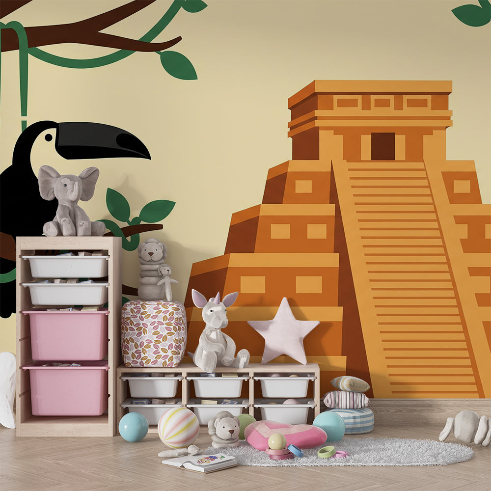 Kids-Mundo toucan and jungle temple wall mural in a kids bedroom with bed and adventure theme.