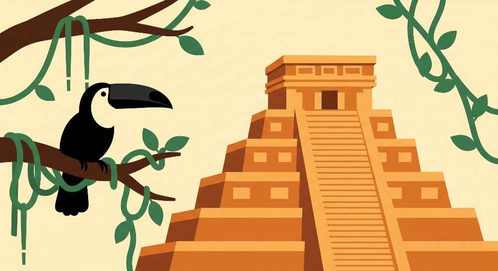 Kids-Mundo flat artwork of the toucan and Mayan temple wall mural design in terracotta tones.