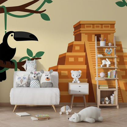 Kids-Mundo toucan and Mayan temple wall mural brightening a playroom with rug and storage.