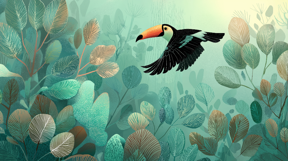 Flat artwork preview of the Kids-Mundo misty jungle toucan flight wall mural design.