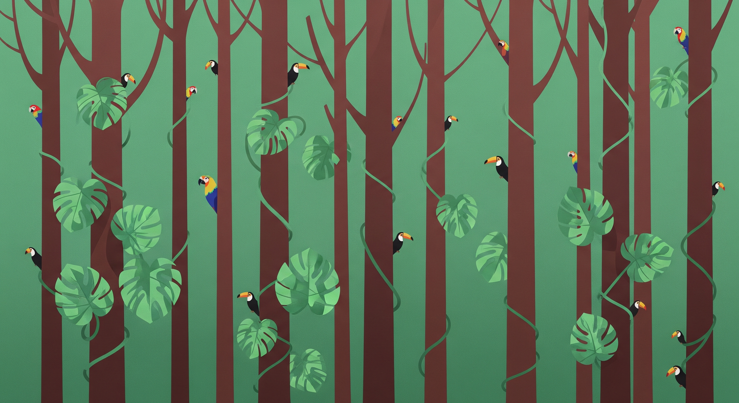 Flat artwork of the Kids-Mundo toucan and monstera leaf forest wall mural in green and brown