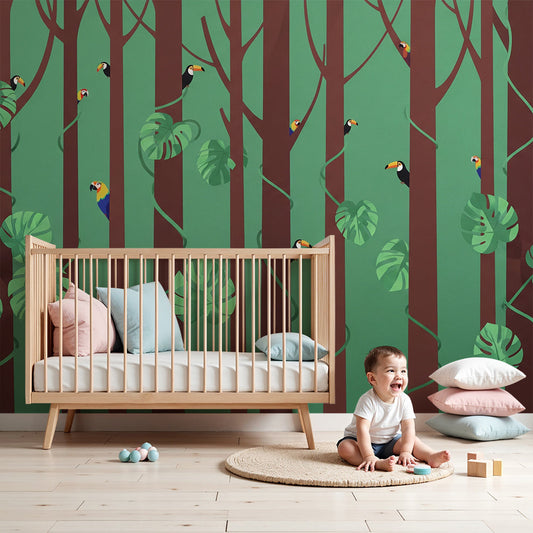 Kids-Mundo toucan forest wall mural behind a cot in a bright green nursery
