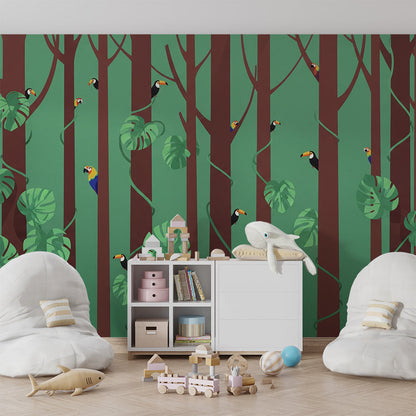 Kids-Mundo bold toucan forest mural covering a playroom wall with a reading corner