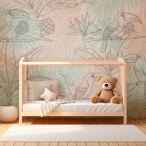 Toucan wallpaper transforming kids bedroom with tropical jungle theme and lush green foliage