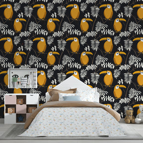 Colorful toucan wallpaper with black background in modern kids bedroom interior