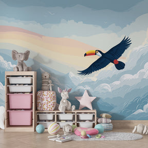 Dreamy sky toucan mural wallpaper creating peaceful atmosphere in toddler room by Kids-Mundo