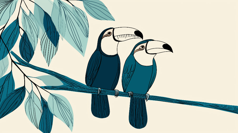 Detailed toucan mural wallpaper design pattern showing colorful birds on branch by Kids-Mundo