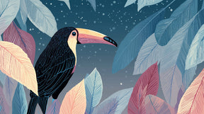 Detailed toucan tropical mural wallpaper design pattern with pastel leaves by Kids-Mundo