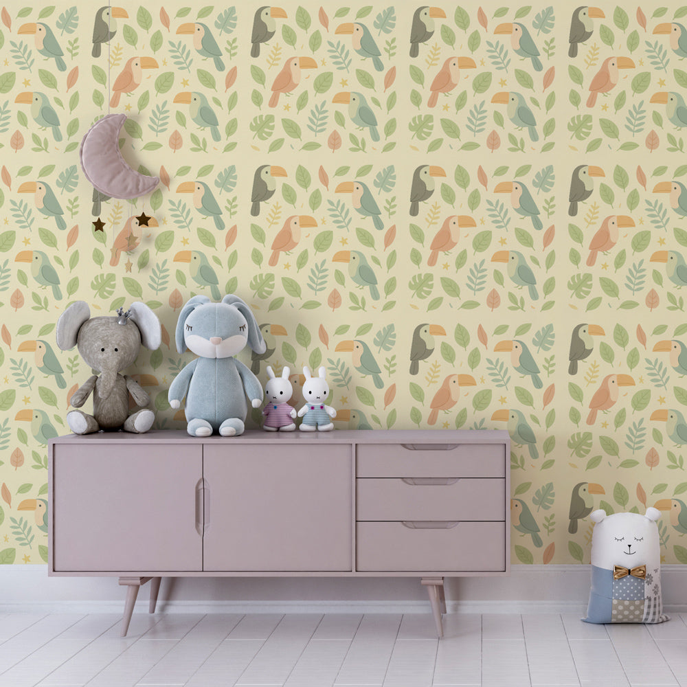 Toucan themed mural wallpaper creating adventurous atmosphere in children's bedroom decor