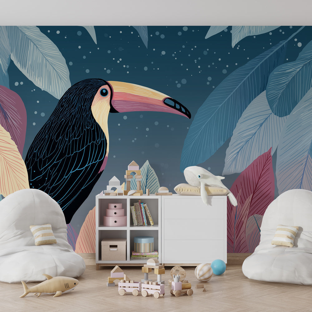 Tropical toucan wallpaper creating magical children's bedroom decor with starry background
