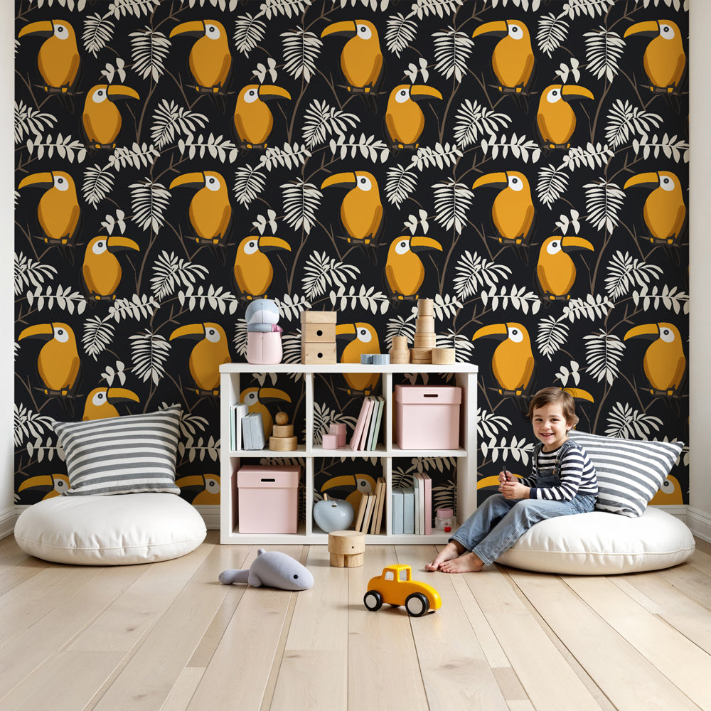 Tropical toucan mural wallpaper creating vibrant jungle nursery decor by Kids-Mundo