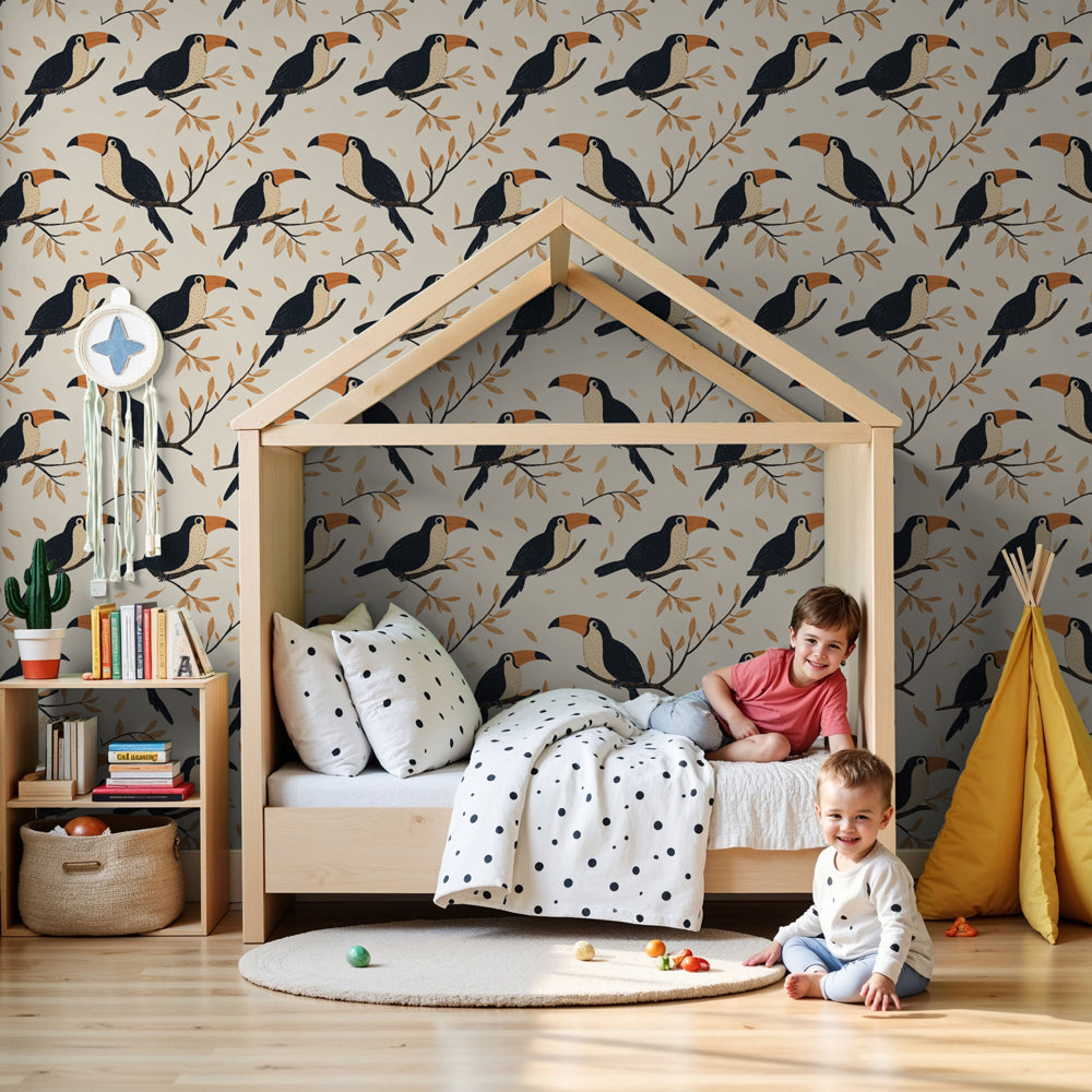 Toucan mural wallpaper with golden foliage creating tropical nursery decor by Kids-Mundo