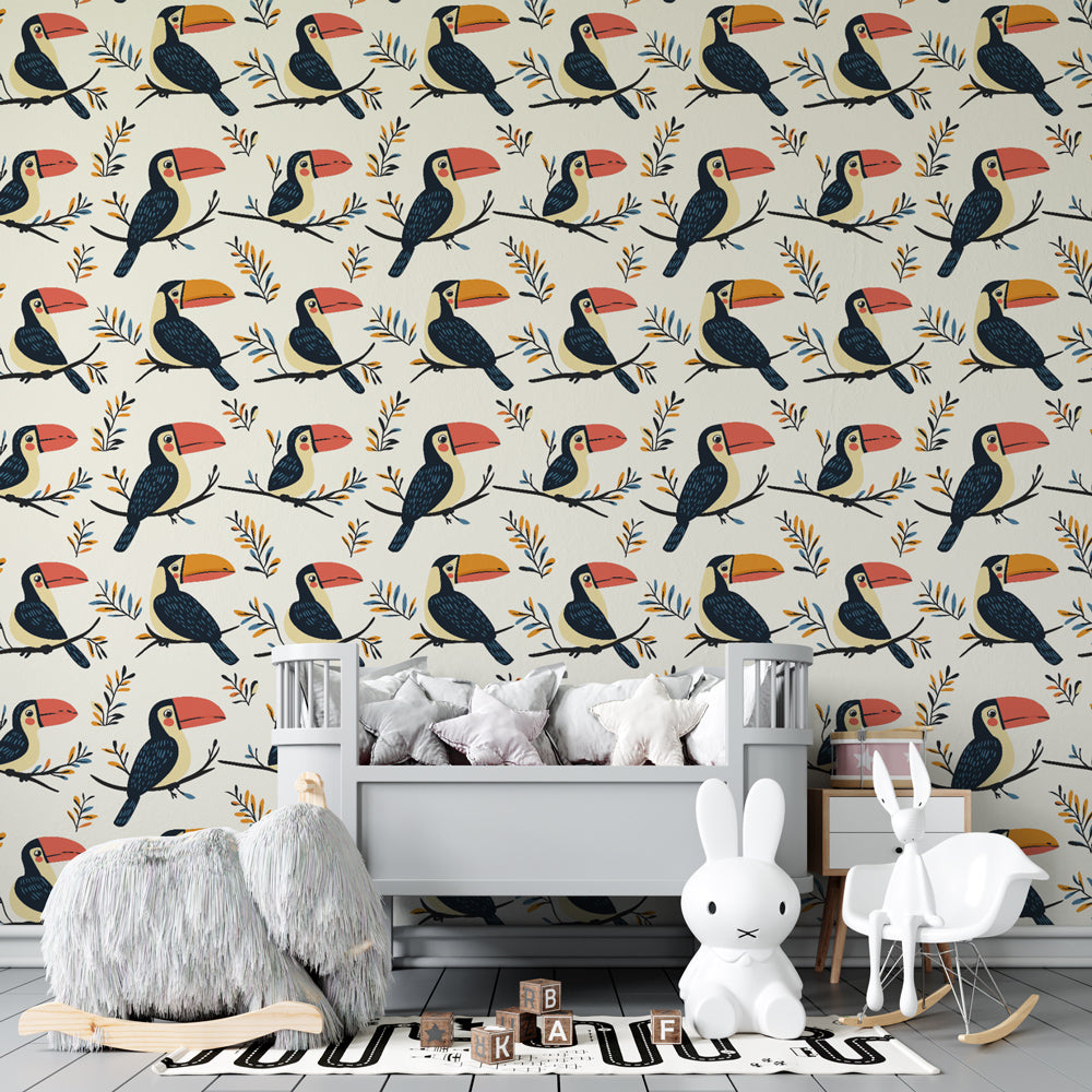 Vibrant toucan birds mural wallpaper adding tropical charm to modern kids playroom decor