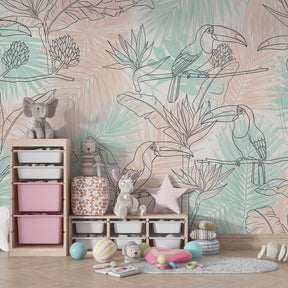 Colorful toucan mural wallpaper for children's playroom featuring exotic birds and tropical leaves