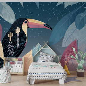 Colorful toucan mural wallpaper for kids playroom featuring lush tropical foliage design