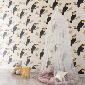 Beige toucan bird mural wallpaper for modern kids playroom creating adventure-themed space