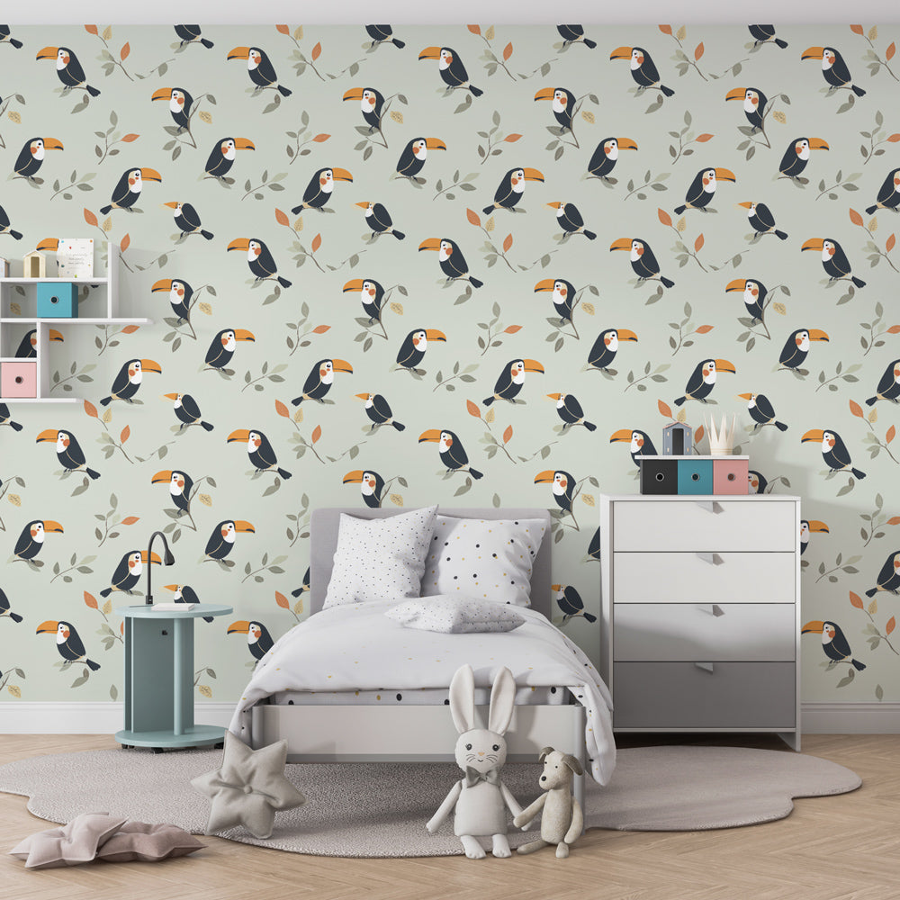 Tropical toucan wallpaper transforming kids playroom into exotic bird sanctuary by Kids-Mundo