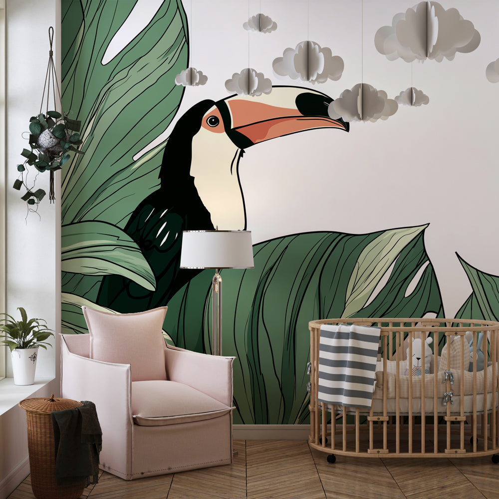 Tropical toucan mural wallpaper with lush green leaves for children's playroom by Kids-Mundo