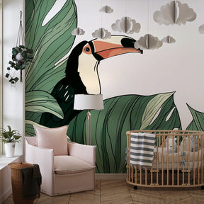 Tropical toucan mural wallpaper with lush green leaves for children's playroom by Kids-Mundo
