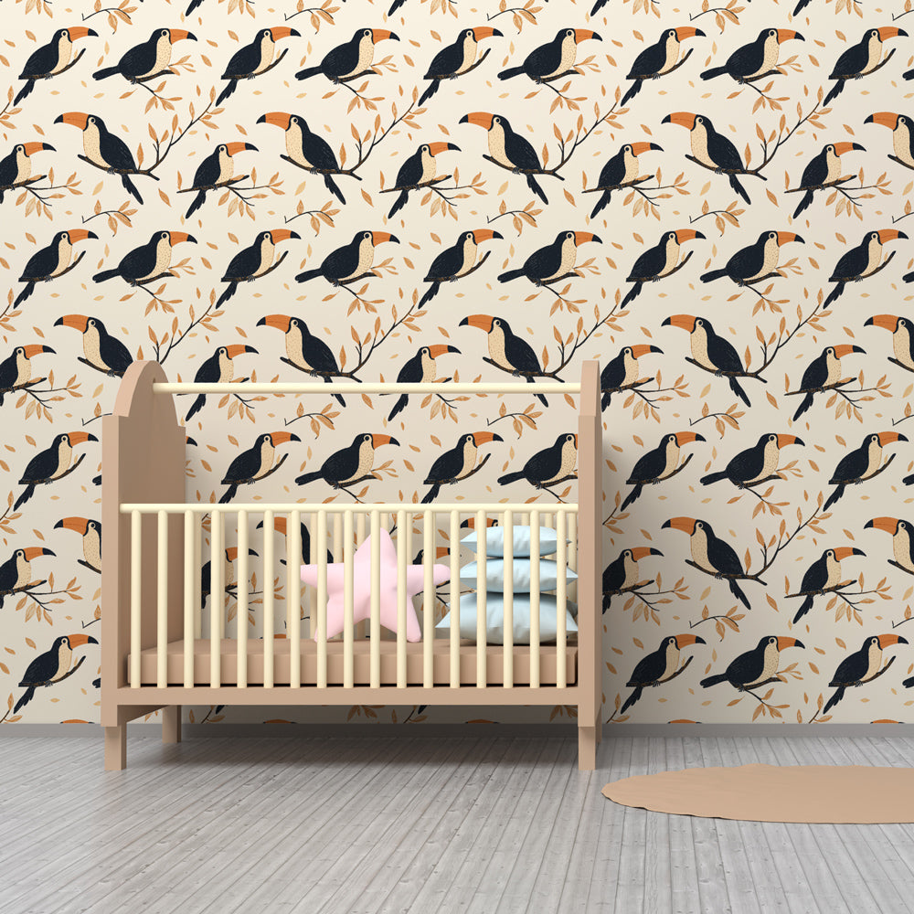 Golden foliage toucan wallpaper creating adventure-themed children's playroom by Kids-Mundo