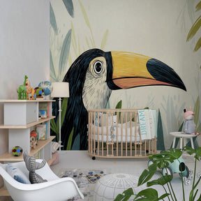 Vibrant toucan jungle wallpaper transforming kids playroom into tropical paradise