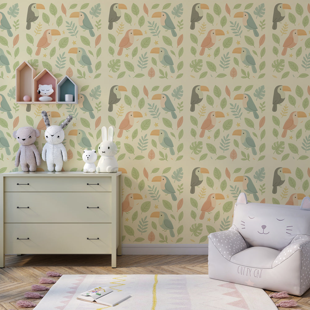 Colorful toucan and foliage mural wallpaper bringing tropical nature theme to kids playroom