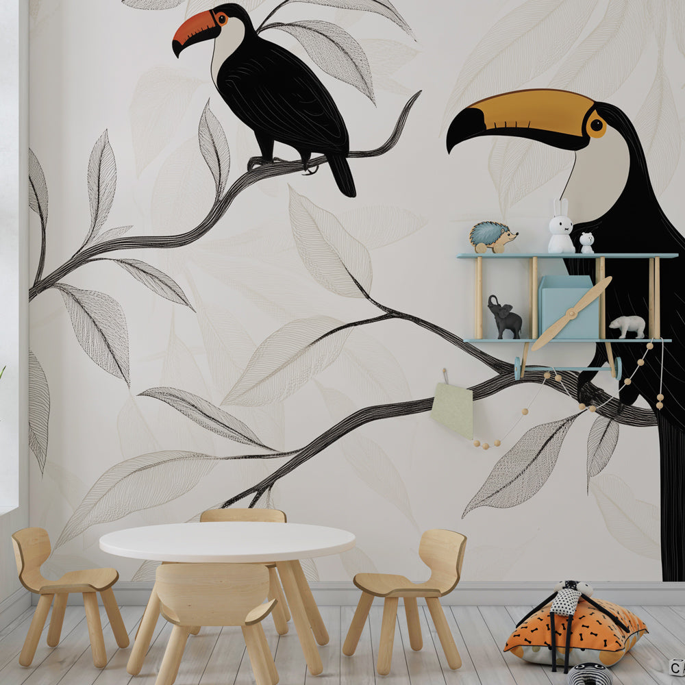 Toucan wallpaper creating peaceful reading corner with exotic birds on branches for kids room