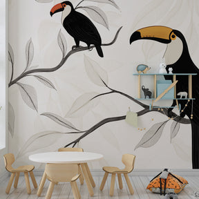 Toucan wallpaper creating peaceful reading corner with exotic birds on branches for kids room