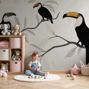 Elegant toucan mural wallpaper creating tropical atmosphere in modern kids nursery by Kids-Mundo