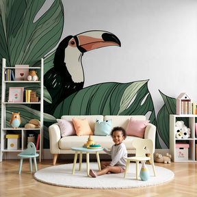 Toucan tropical mural wallpaper in modern nursery with natural wood crib by Kids-Mundo