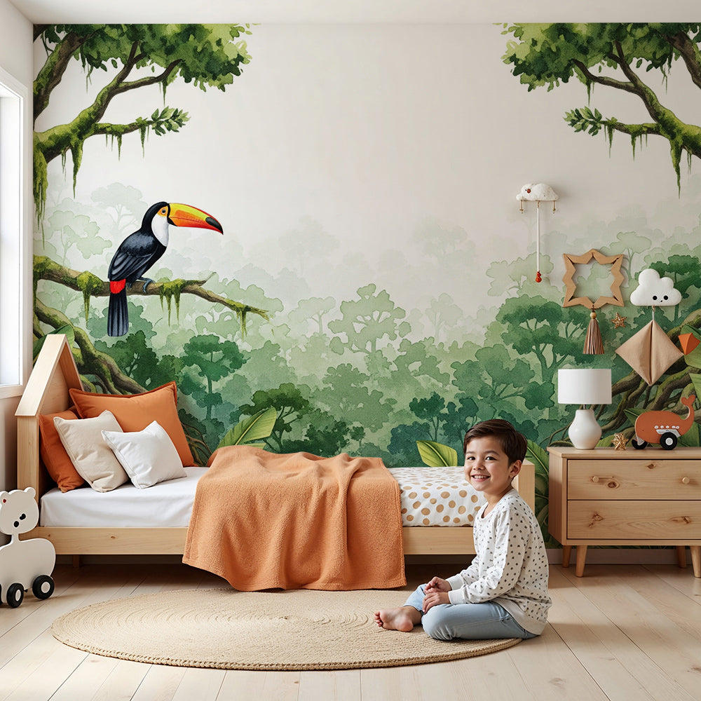 Kids-Mundo toucan rainforest jungle wall mural brightening a soft green nursery wall.