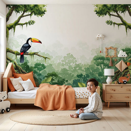 Kids-Mundo toucan rainforest jungle wall mural brightening a soft green nursery wall.