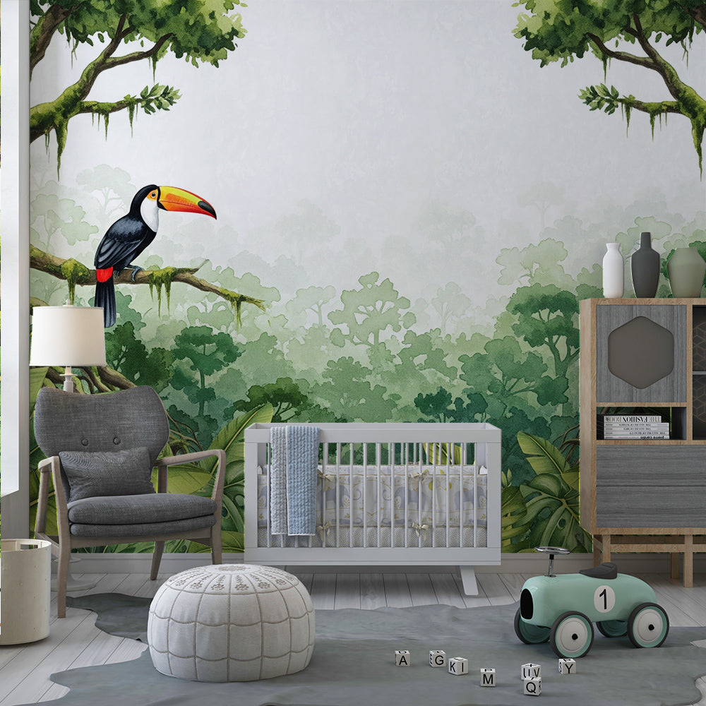 Kids-Mundo lush rainforest mural with a toucan bringing nature into a children's playroom.