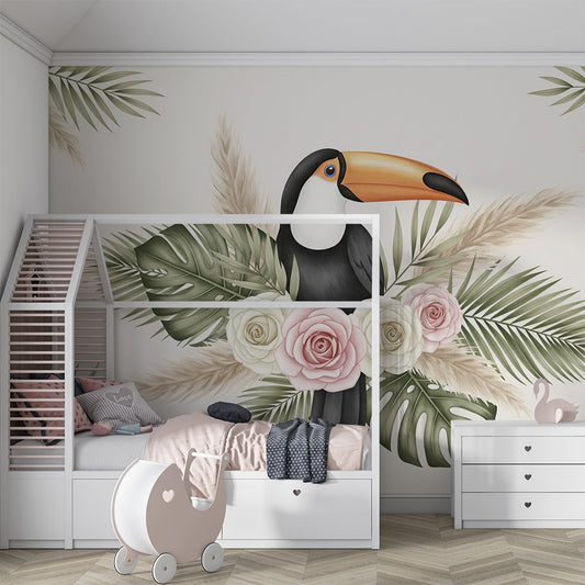 Kids-Mundo floral toucan wall mural in a kids' bedroom, roses and pampas grass covering the wall.