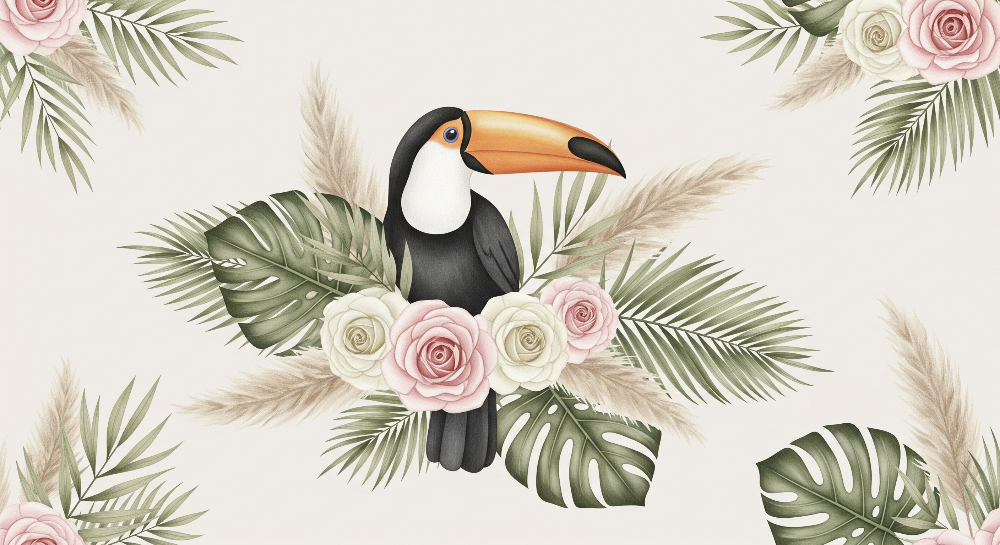 Toucan Among Roses and Pampas Grass Wall Mural