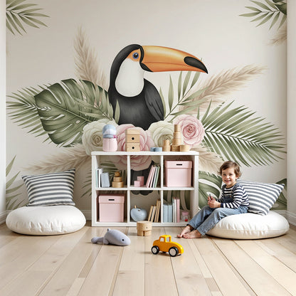 Kids-Mundo toucan and rose wall mural styled in a nursery, blush pink roses framing a soft cot.