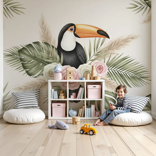 Kids-Mundo toucan and rose wall mural styled in a nursery, blush pink roses framing a soft cot.