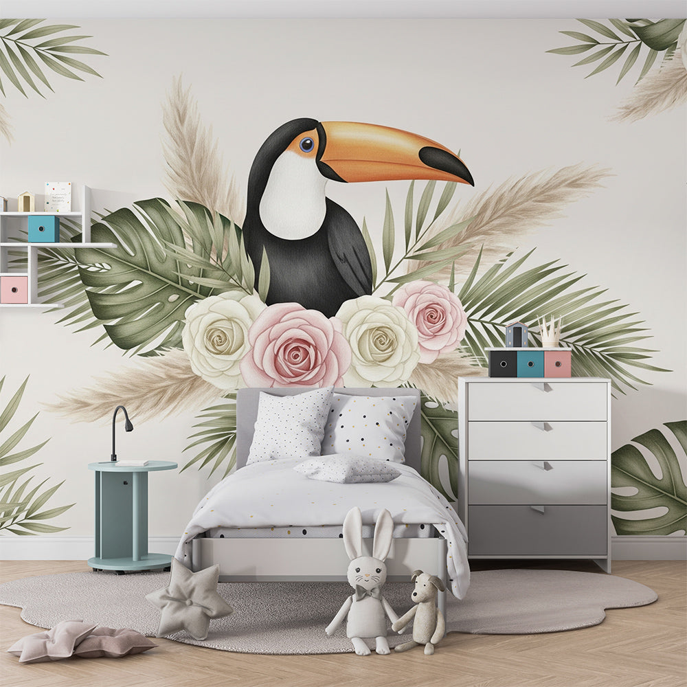Kids-Mundo toucan and rose mural in a playroom, cream and blush florals behind play furniture.