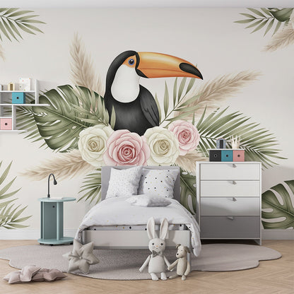 Kids-Mundo toucan and rose mural in a playroom, cream and blush florals behind play furniture.