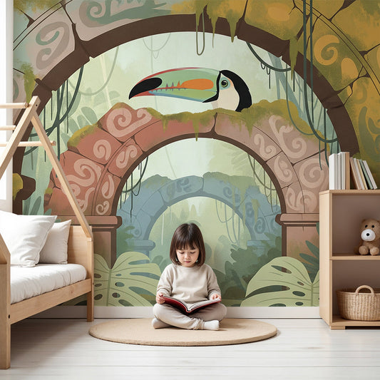 Kids-Mundo toucan stone arch wall mural styled in an adventurous nursery