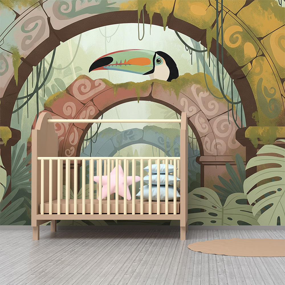 Kids-Mundo toucan and stone arch wall mural bringing mystery to a playroom