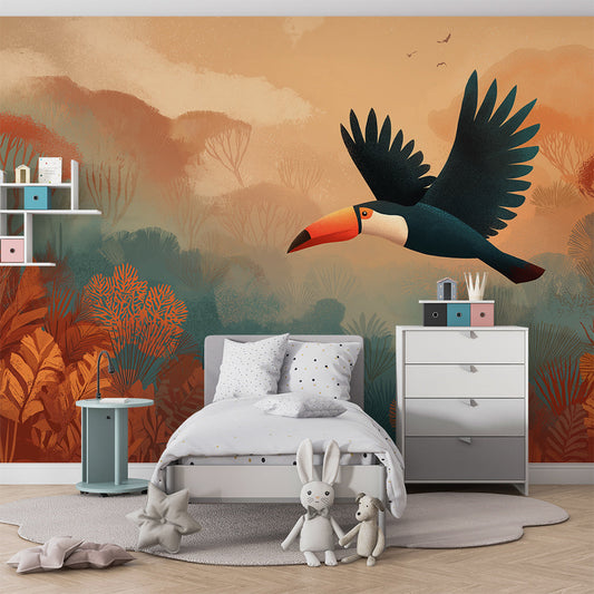 Kids-Mundo sunset jungle toucan wall mural covering a feature wall in a kids' bedroom.