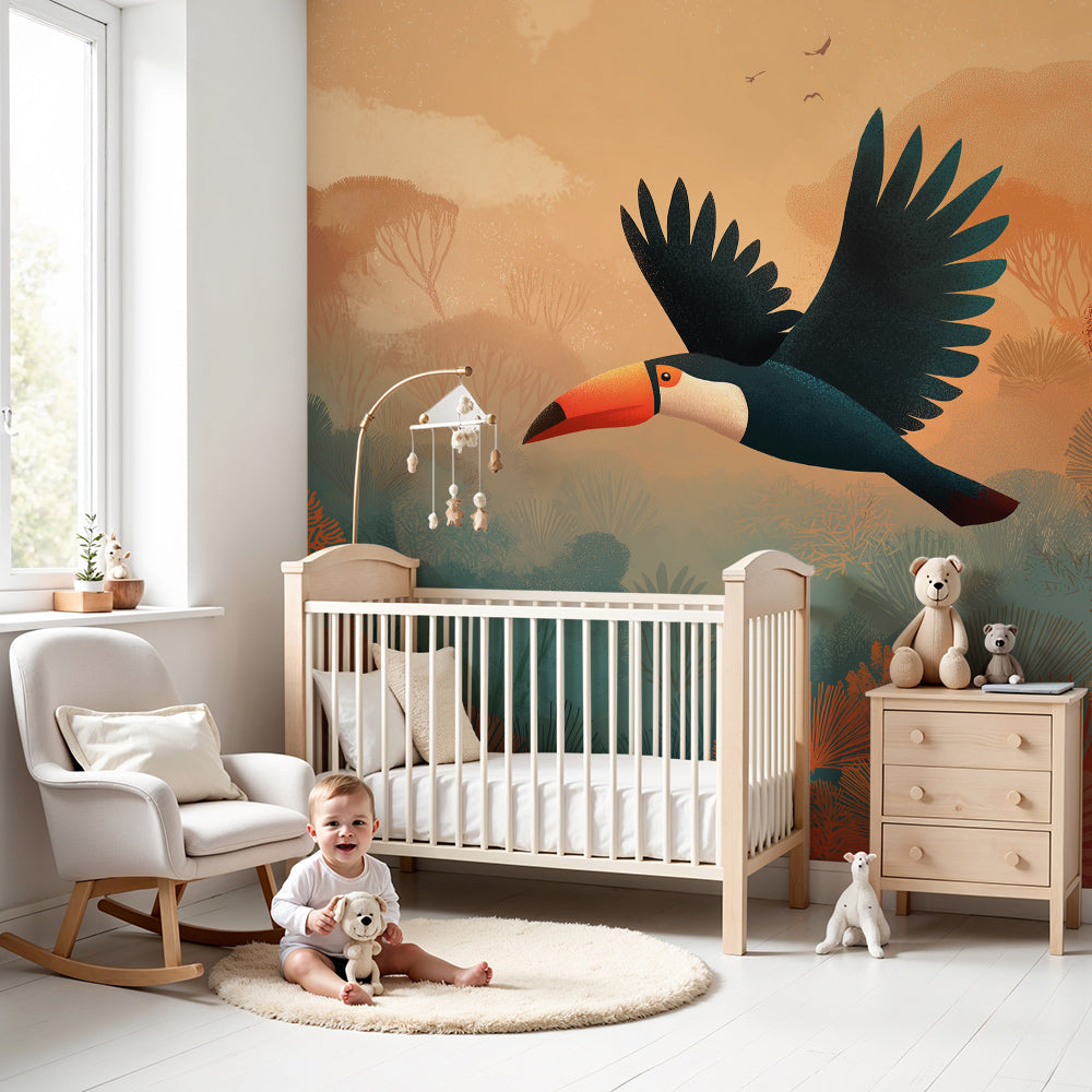Kids-Mundo sunset jungle toucan wall mural styled on a feature wall in a warm nursery.