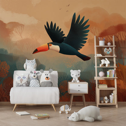 Kids-Mundo sunset jungle toucan wall mural brightening a playroom wall behind a rug.