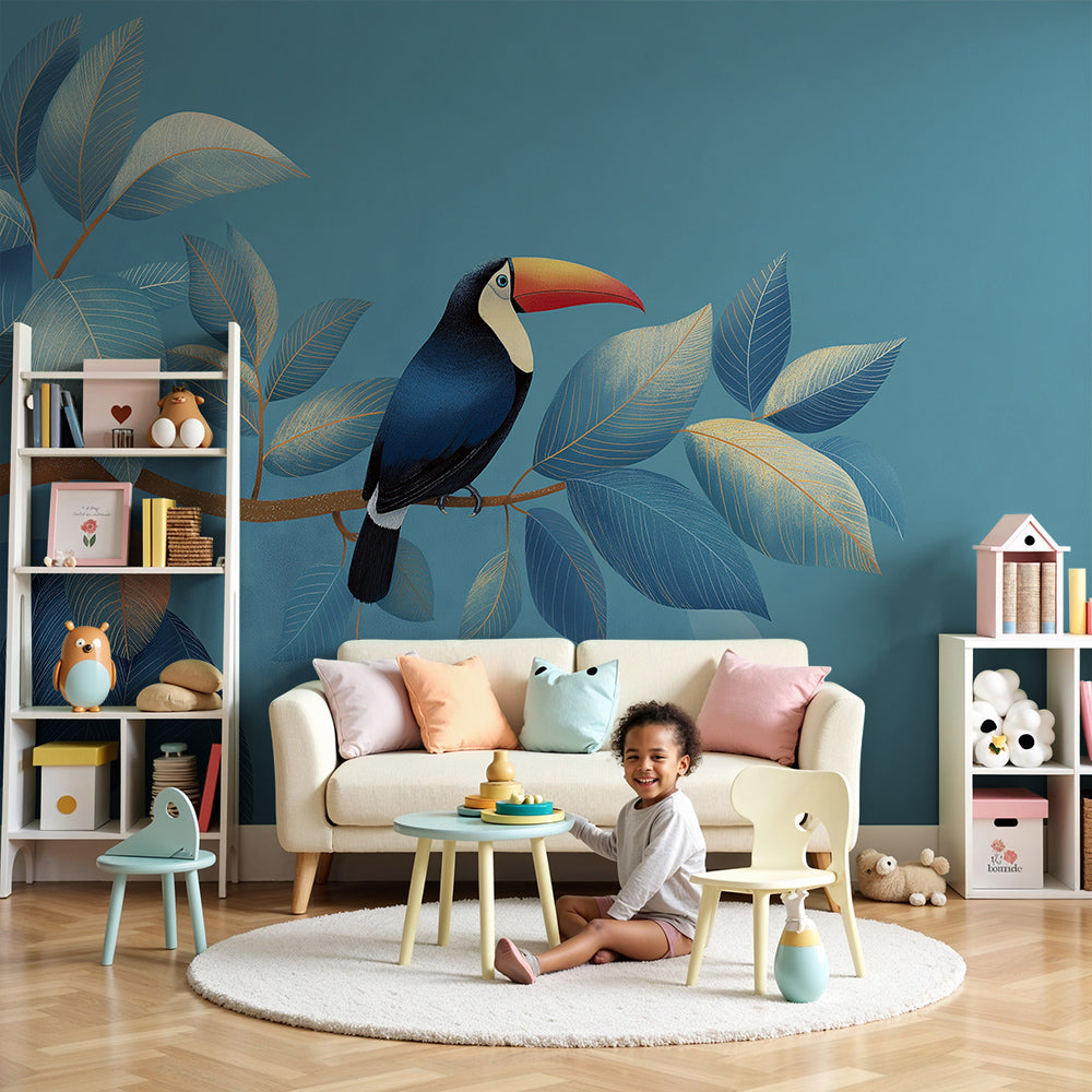 Kids-Mundo teal toucan wall mural styled on a feature wall in a calm nursery corner.