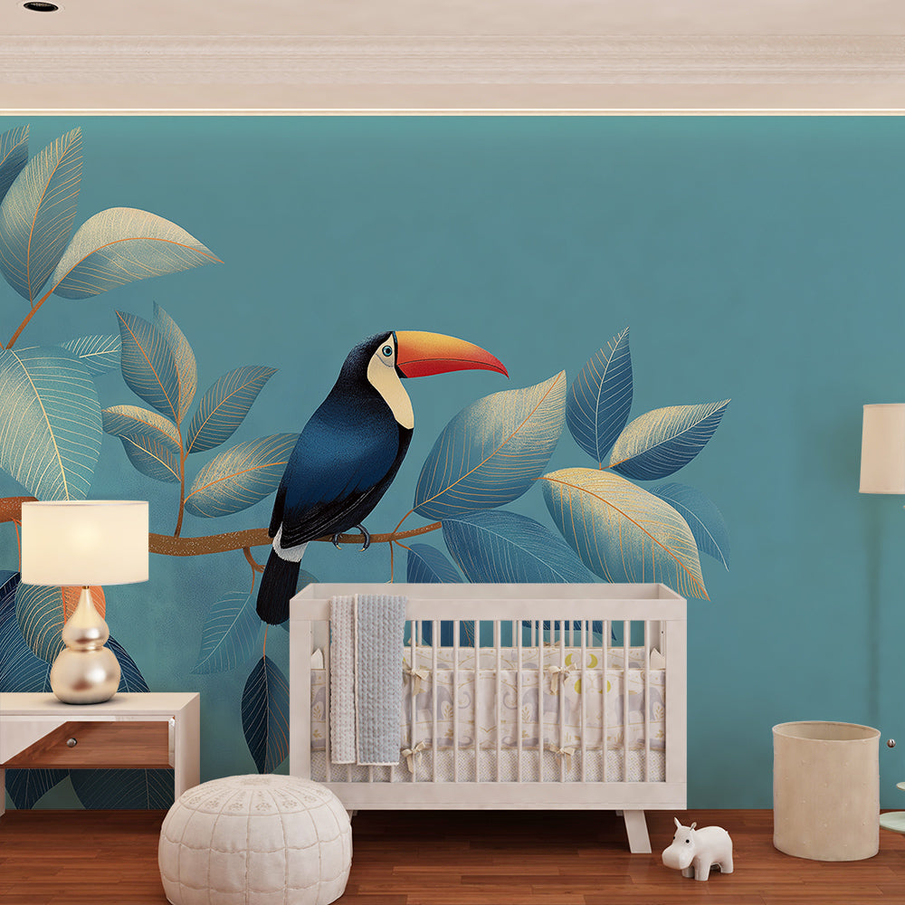 Kids-Mundo teal toucan wall mural brightening a playroom wall behind a reading nook.