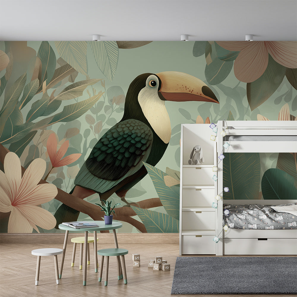 Kids-Mundo blossom toucan wall mural covering a feature wall in a girl's bedroom.