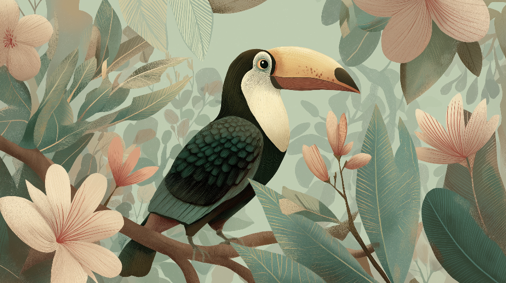 Toucan Among Tropical Blossoms Wall Mural